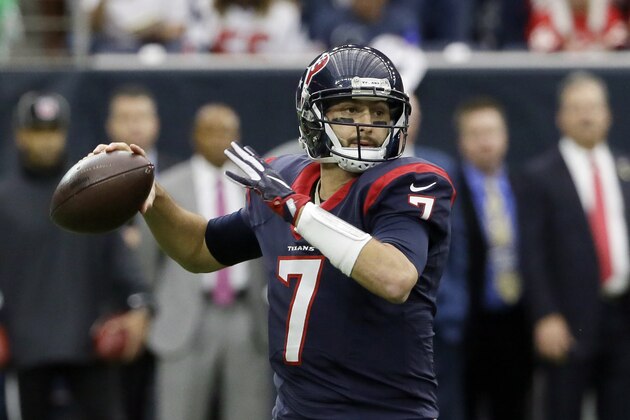 Houston Texans quarterback Brian Hoyer (7) throws against the Kansas City Chiefs during the first half of an NFL wild-card playoff  football game Saturday, Jan. 9, 2016, in Houston. (AP Photo/Tony Gutierrez)