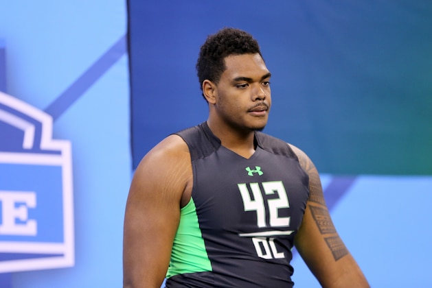 Notre Dame offensive lineman Ronnie Stanley during a drill at the NFL football scouting combine Friday, Feb. 26, 2016, in Indianapolis. (AP Photo/Gregory Payan)