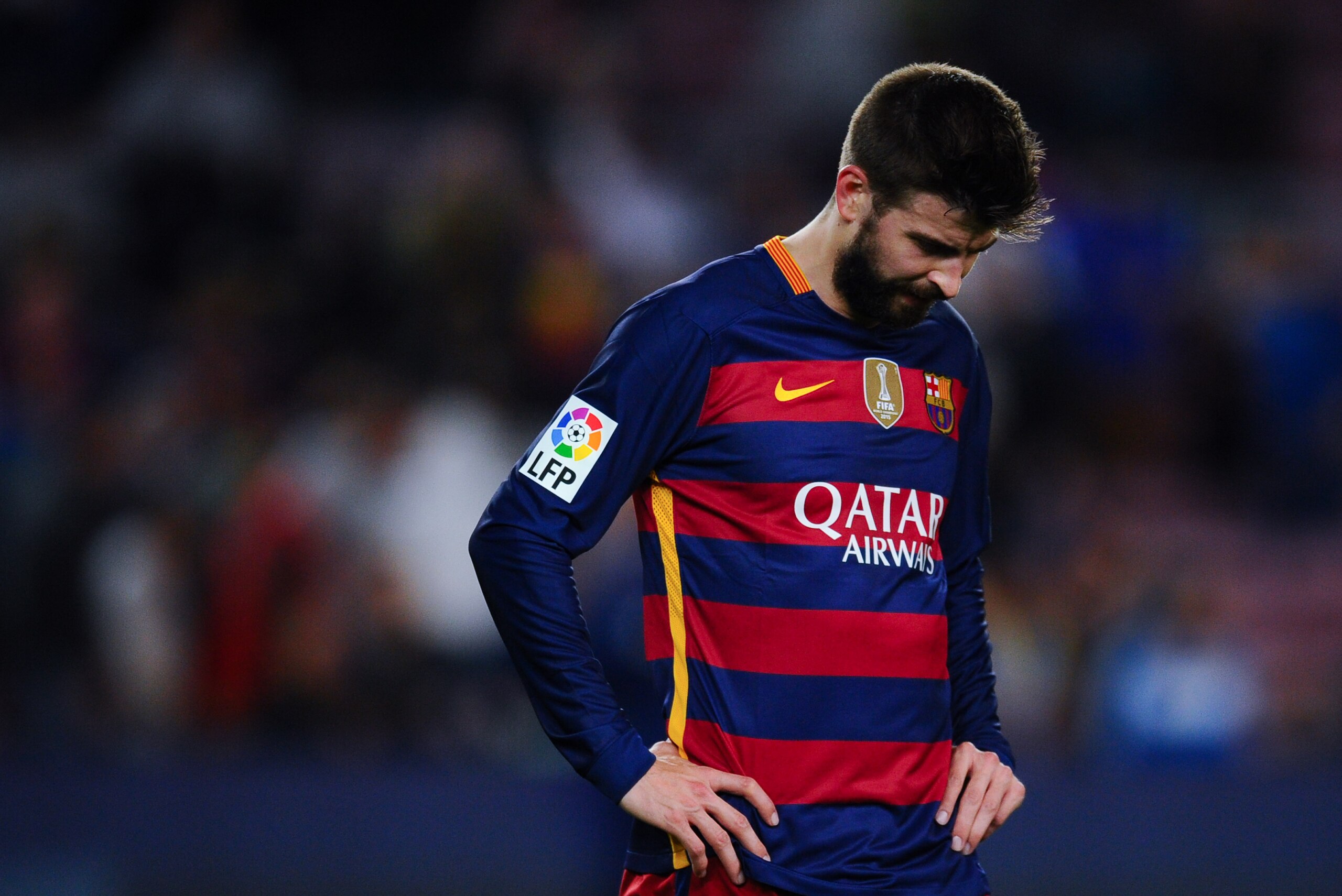 BARCELONA, SPAIN - APRIL 17:  Gerard Pique of FC Barcelona leaves the pitch dejected at the end of the La Liga match between FC Barcelona and Valencia CF at Camp Nou on April 17, 2016 in Barcelona, Spain.  (Photo by David Ramos/Getty Images)