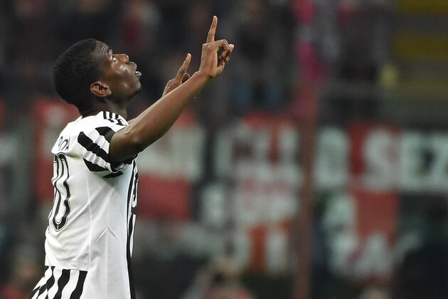 Juventus' Paul Pogba celebrates after scoring during a Serie A soccer match between AC Milan and Juventus, at the San Siro stadium in Milan, Italy, Saturday, April 9, 2016. (Daniel Dal Zennaro/ANSA via AP Photo) ITALY OUT