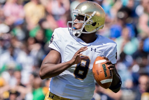 Apr 16, 2016; South Bend, IN, USA; Notre Dame Fighting Irish quarterback Malik Zaire (8) looks to throw in the first quarter of the Blue-Gold Game at Notre Dame Stadium. The Blue team defeated the Gold team 17-7. Mandatory Credit: Matt Cashore-USA TODAY Sports