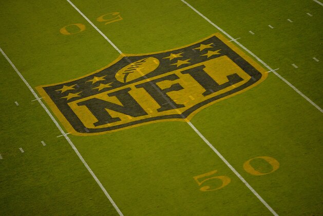 CHARLOTTE, NC - OCTOBER 25:  General view of the NFL midfield shield logo during the game between the Carolina Panthers and the Philadelphia Eagles at Bank of America Stadium on October 25, 2015 in Charlotte, North Carolina. The Panthers won 27-16.  (Photo by Grant Halverson/Getty Images)