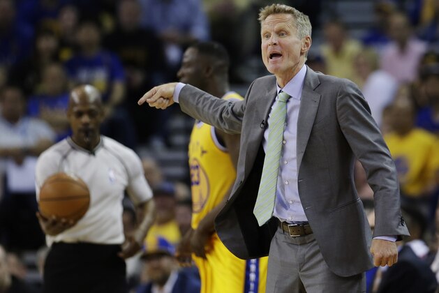 Golden State Warriors head coach Steve Kerr during the second half of an NBA basketball game against the Minnesota Timberwolves Tuesday, April 5, 2016, in Oakland, Calif. Minnesota won 124-117 in overtime. (AP Photo/Marcio Jose Sanchez)