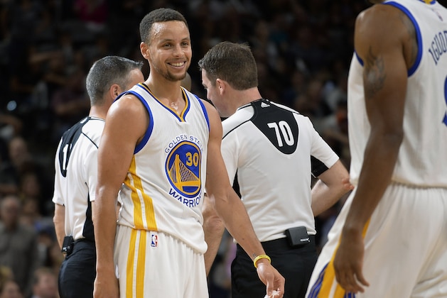 Golden State Warriors guard Stephen Curry (30) smiles during the second half of an NBA basketball game against the San Antonio Spurs, Sunday, April 10, 2016, in San Antonio. Golden State won 92-86. (AP Photo/Darren Abate)