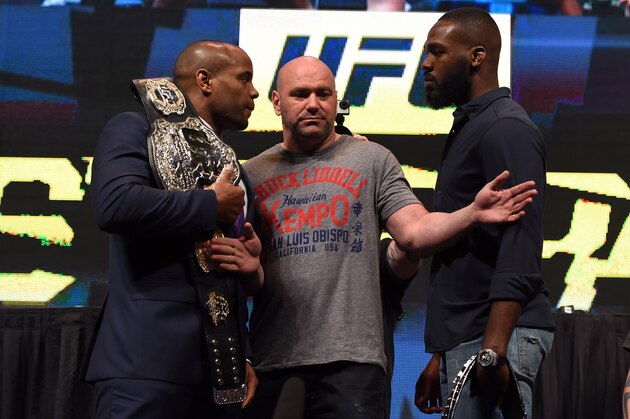 LAS VEGAS, NV - MARCH 04:  (L-R) Opponents Daniel Cormier and Jon Jones face off during the UFC Unstoppable launch press conference at the MGM Grand Garden Arena on March 4, 2016 in Las Vegas, Nevada. (Photo by Josh Hedges/Zuffa LLC/Zuffa LLC via Getty Images)