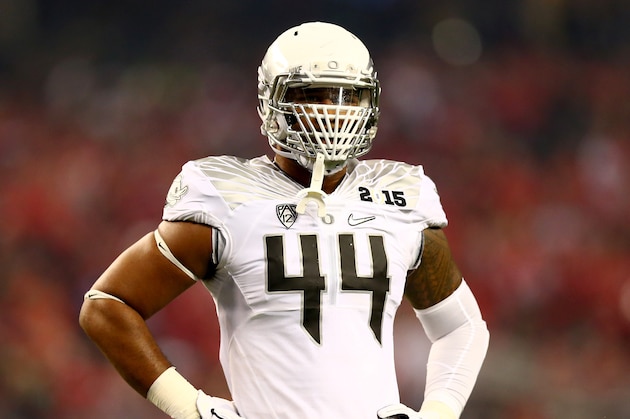 ARLINGTON, TX - JANUARY 12:  Defensive lineman DeForest Buckner #44 of the Oregon Ducks looks on in the first half during the College Football Playoff National Championship Game at AT&T Stadium on January 12, 2015 in Arlington, Texas.  (Photo by Ronald Martinez/Getty Images)