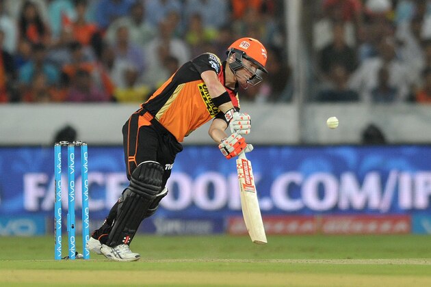 Sunrisers Hyderabad captain David Warner plays a shot during the 2016 Indian Premier League (IPL) Twenty20 cricket match between Sunrisers Hyderabad and Mumbai Indians at The Rajiv Gandhi International Stadium in Hyderabad on April 18, 2016. / AFP / NOAH SEELAM / ----IMAGE RESTRICTED TO EDITORIAL USE - STRICTLY NO COMMERCIAL USE----- / GETTYOUT        (Photo credit should read NOAH SEELAM/AFP/Getty Images)