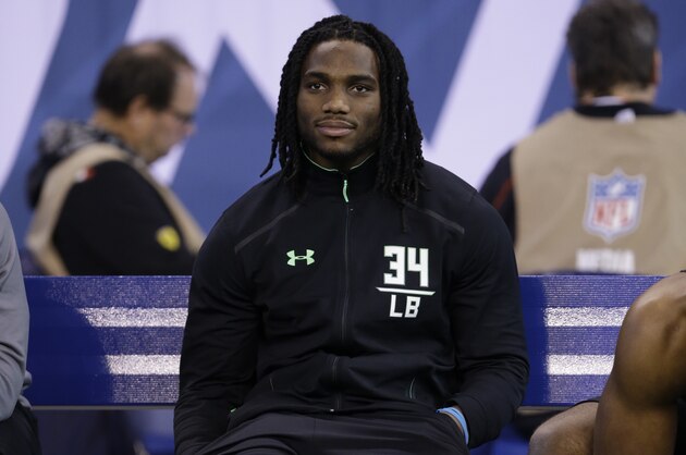 Notre Dame linebacker Jaylon Smith watches at the NFL football scouting combine on Sunday, Feb. 28, 2016, in Indianapolis. (AP Photo/Darron Cummings)