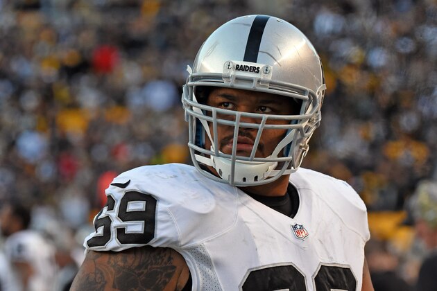 PITTSBURGH, PA - NOVEMBER 8:  Offensive lineman Khalif Barnes #69 of the Oakland Raiders looks on from the sideline during a game against the Pittsburgh Steelers at Heinz Field on November 8, 2015 in Pittsburgh, Pennsylvania.  The Steelers defeated the Raiders 38-35. (Photo by George Gojkovich/Getty Images)