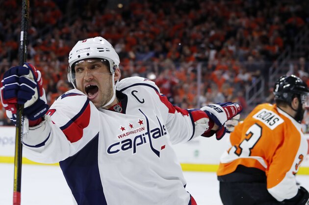 Washington Capitals' Alex Ovechkin, left, celebrates past Philadelphia Flyers' Radko Gudas after scoring a goal during the second period of Game 3 in the first round of the NHL Stanley Cup hockey playoffs, Monday, April 18, 2016, in Philadelphia. (AP Photo/Matt Slocum)