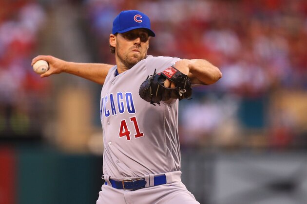 ST. LOUIS, MO - APRIL 18: Starter John Lackey #41 of the Chicago Cubs pitches against the St. Louis Cardinals in the first inning at Busch Stadium on April 18, 2016 in St. Louis, Missouri.  (Photo by Dilip Vishwanat/Getty Images)