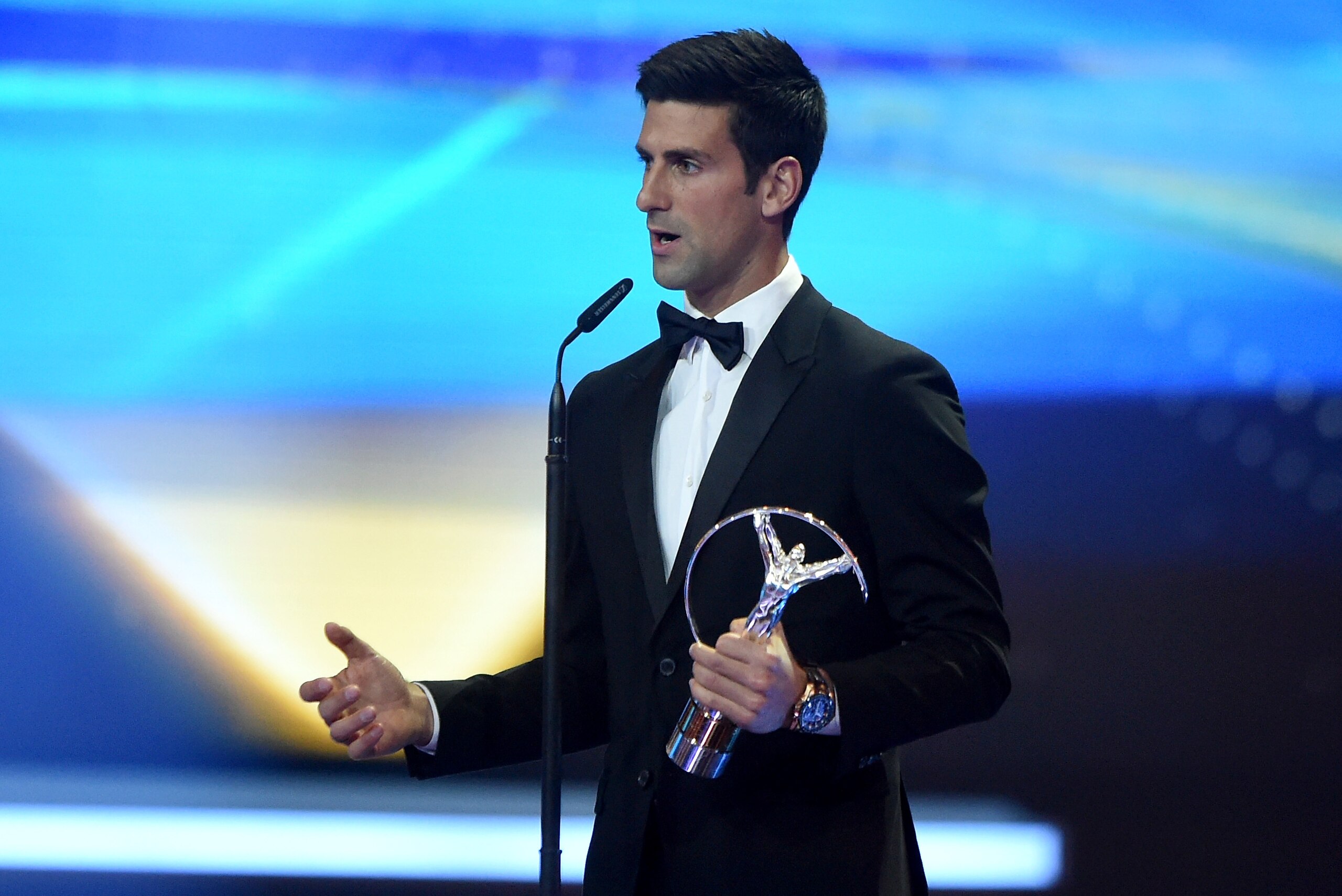 BERLIN, GERMANY - APRIL 18:  Tennis player Novak Djokovic of Serbia accepts his Laureus World Sportsman of the Year trophy during the 2016 Laureus World Sports Awards at the Messe Berlin  on April 18, 2016 in Berlin, Germany.  (Photo by Tom Dulat/Getty Images for Laureus)