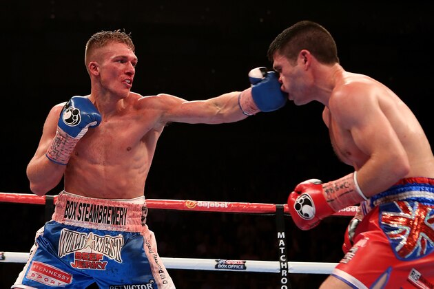 LONDON, ENGLAND - MAY 30:  Nick Blackwell of England lands a punch on John Ryder of England during their British Middleweight Championship fight at The O2 Arena on May 30, 2015 in London, England.  (Photo by Ben Hoskins/Getty Images)