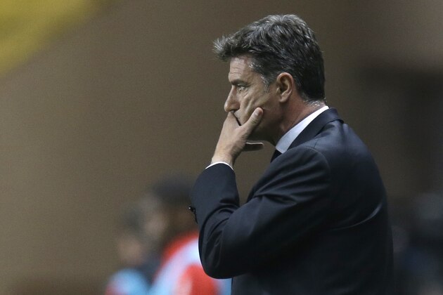 Coach of Marseille Michel reacts during the French League One soccer match against Monaco, Sunday, April 17, 2016, in Monaco stadium. (AP Photo/Lionel Cironneau)