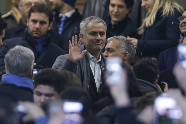 Jose Mourinho waves as he gets to the stands prior to a Serie A soccer match between Inter Milan and Sampdoria, at the Milan San Siro stadium, Italy, Saturday, Feb. 20, 2016. (AP Photo/Antonio Calanni)