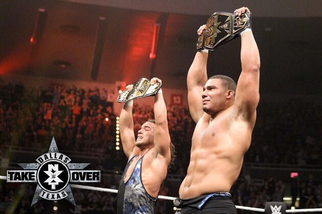 Chad Gable and Jason Jordan celebrating their title win.