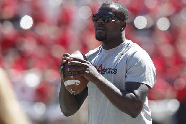 Former Ohio State quarterback Cardale Jones throws a ball on the sidelines during Ohio State's NCAA college football spring game Saturday, April 16, 2016, in Columbus, Ohio. (AP Photo/Jay LaPrete)