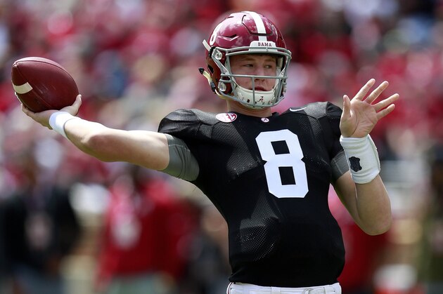 Apr 16, 2016; Tuscaloosa, AL, USA; Alabama Crimson Tide quarterback Blake Barnett (8) passes during warms up prior to the annual A-day gamer at Bryant-Denny Stadium. Mandatory Credit: Marvin Gentry-USA TODAY Sports