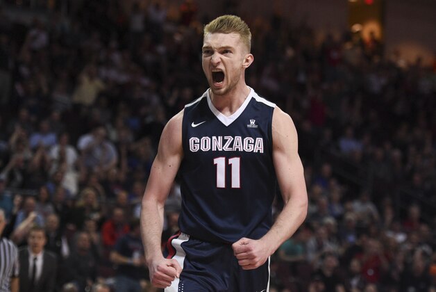 March 8, 2016; Las Vegas, NV, USA; Gonzaga Bulldogs forward Domantas Sabonis (11) celebrates against the Saint Mary's Gaels during the first half in the finals of the women's West Coast Conference tournament at Orleans Arena. Mandatory Credit: Kyle Terada-USA TODAY Sports