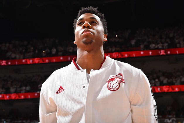 MIAMI,FL - APRIL 17:  Hassan Whiteside #21 of the Miami Heat looks on against the Charlotte Hornets during the Eastern Conference playoffs First Round Game One on April 17, 2016 at the American Airlines Arena in Miami, Florida. NOTE TO USER: User expressly acknowledges and agrees that, by downloading and/or using this Photograph, user is consenting to the terms and conditions of the Getty Images License Agreement. Mandatory Copyright Notice: Copyright 2016 NBAE (Photo by Jesse D. Garrabrant/NBAE via Getty Images)