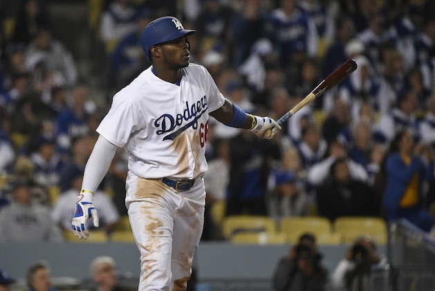 Los Angeles Dodgers' Yasiel Puig in action during the seventh inning of a baseball game against the Arizona Diamondbacks in Los Angeles, Wednesday, April 13, 2016. (AP Photo/Kelvin Kuo)