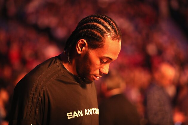 SACRAMENTO, CA - FEBRUARY 24:  Kawhi Leonard #2 of the San Antonio Spurs stands on the court during pregame introductions before their game against the Sacramento Kings at Sleep Train Arena on February 24, 2016 in Sacramento, California.  NOTE TO USER: User expressly acknowledges and agrees that, by downloading and or using this photograph, User is consenting to the terms and conditions of the Getty Images License Agreement.  (Photo by Ezra Shaw/Getty Images)