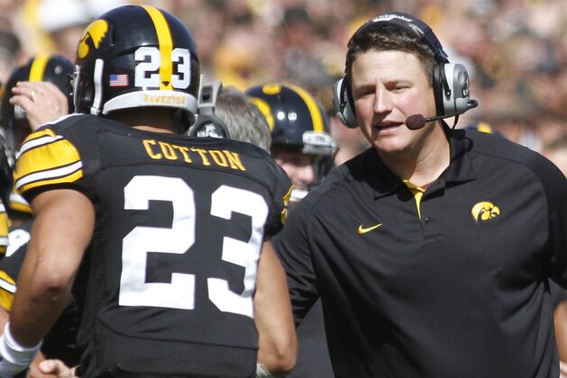 IOWA CITY, IA - SEPTEMBER 29:  Offensive line coach Brian Ferentz of the Iowa Hawkeyes congratulates wide receiver Jordan Cotton #23 after a touchdown during the second quarter against the Minnesota Gophers on September 29, 2012 at Kinnick Stadium in Iowa City, Iowa.  Iowa defeated Minnesota 31-13.  (Photo by Matthew Holst/Getty Images)