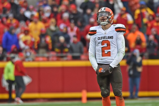 KANSAS CITY, MO - DECEMBER 27:  Quarterback Johnny Manziel #2 of the Cleveland Browns reacts after turning the ball over on downs against the Kansas City Chiefs during the second half on December 27, 2015 at Arrowhead Stadium in Kansas City, Missouri.  (Photo by Peter G. Aiken/Getty Images)