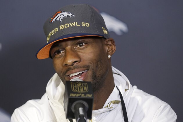 Denver Broncos wide receiver Emmanuel Sanders speaks to reporters in Santa Clara, Calif., Tuesday, Feb. 2, 2016. The Denver Broncos will play the Carolina Panthers in Super Bowl 50 Sunday, Feb. 7, 2016. (AP Photo/Jeff Chiu)
