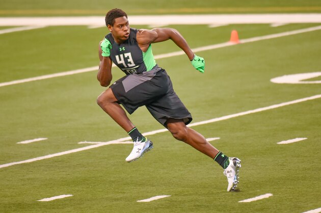 Florida State defensive back Jalen Ramsey runs a drill at the NFL football scouting combine, Monday, Feb. 29, 2016, in Indianapolis. (AP Photo/L.G. Patterson)