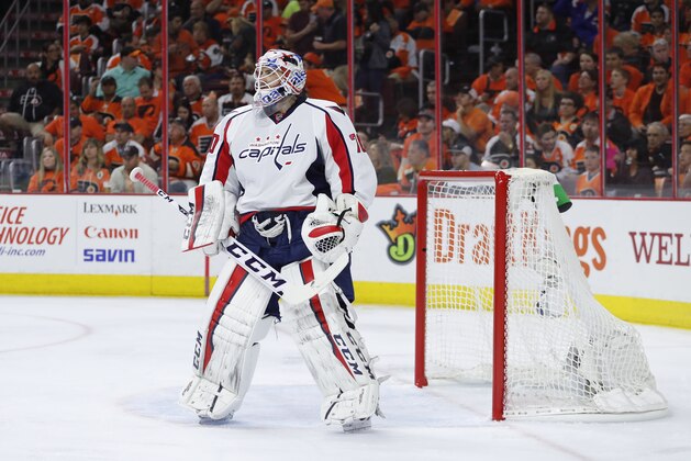Washington Capitals' Braden Holtby in action during Game 3 in the first round of the NHL Stanley Cup hockey playoffs against the Philadelphia Flyers, Monday, April 18, 2016, in Philadelphia. Washington won 6-1. (AP Photo/Matt Slocum)