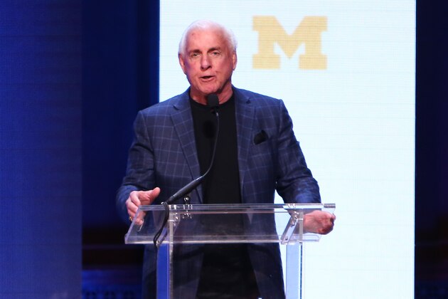 ANN ARBOR, MI - FEBRUARY  3:  Pro wrestling legend Ric Flair speaks during the Michigan Signing of the Stars event at Hill Auditorium on February 3, 2016 in Ann Arbor, Michigan. (Photo by Rey Del Rio/Getty Images)