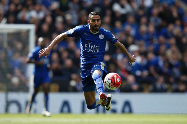 Leicester City's Algerian midfielder Riyad Mahrez controls the ball during the English Premier League football match between Leicester City and West Ham United at King Power Stadium in Leicester, central England on April 17, 2016. / AFP / ADRIAN DENNIS / RESTRICTED TO EDITORIAL USE. No use with unauthorized audio, video, data, fixture lists, club/league logos or 'live' services. Online in-match use limited to 75 images, no video emulation. No use in betting, games or single club/league/player publications.  /         (Photo credit should read ADRIAN DENNIS/AFP/Getty Images)
