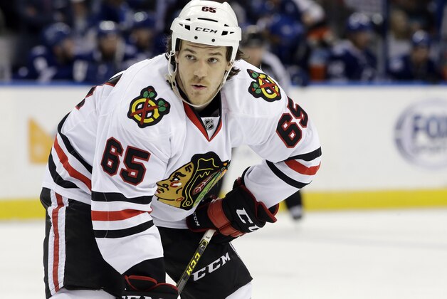 Chicago Blackhawks center Andrew Shaw (65) during the second period of an NHL hockey game against the Tampa Bay Lightning Thursday, Jan. 21, 2016, in Tampa, Fla. (AP Photo/Chris O'Meara)