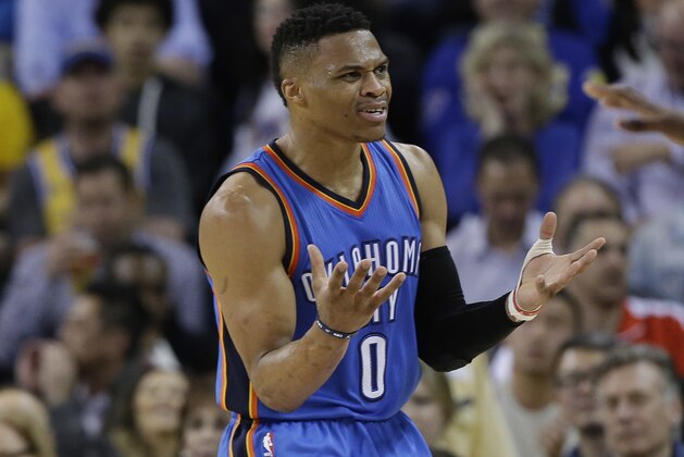 Oklahoma City Thunder's Russell Westbrook argues a call during the first half of an NBA basketball game against the Golden State Warriors on Thursday, March 3, 2016, in Oakland, Calif. (AP Photo/Marcio Jose Sanchez)