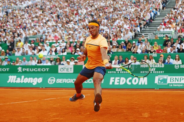 MONTE-CARLO, MONACO - APRIL 17:  Rafael Nadal of Spain plays a forehand during the singles final match against Gael Monfils of France on day eight of the  Monte Carlo Rolex Masters at Monte-Carlo Sporting Club on April 17, 2016 in Monte-Carlo, Monaco.  (Photo by Michael Steele/Getty Images)