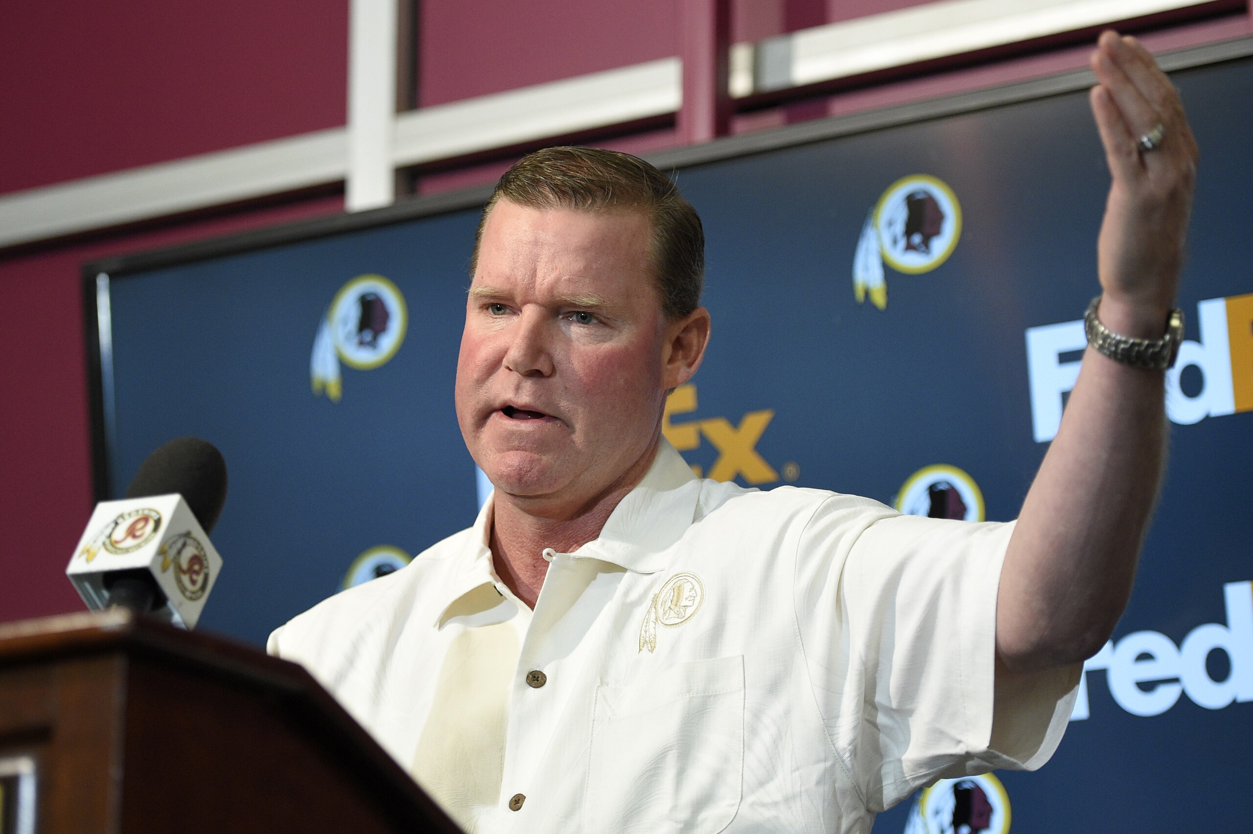 Washington Redskins general manager Scot McCloughan speaks to the media during a pre-draft NFL football press conference, Monday, April 27, 2015, in Ashburn, Va. (AP Photo/Nick Wass)