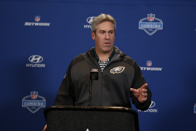 Philadelphia Eagles head coach Doug Pederson speaks during a press conference at the NFL football scouting combine in Indianapolis, Wednesday, Feb. 24, 2016. (AP Photo/Michael Conroy)