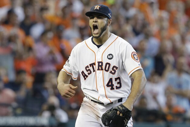 Houston Astros' Lance McCullers reacts after the third out against the Kansas City Royals in the top of the sixth inning during Game 4 of baseball's American League Division Series, Monday, Oct. 12, 2015, in Houston. (AP Photo/Pat Sullivan)