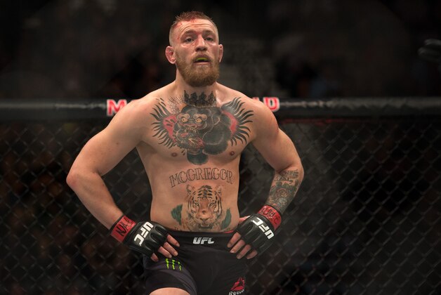 LAS VEGAS, NV - MARCH 5:   Conor McGregor prepares for the second round to begin while facing Nate Diaz in their welterweight bout during the UFC 196 in the MGM Grand Garden Arena on March 5, 2016 in Las Vegas, Nevada. (Photo by Brandon Magnus/Zuffa LLC/Zuffa LLC via Getty Images)