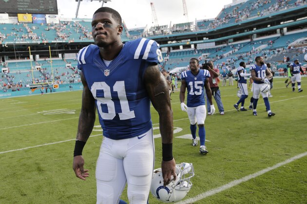 Indianapolis Colts wide receiver Andre Johnson (81) leaves the field at the end of an NFL football game against the Miami Dolphins, Sunday, Dec. 27, 2015, in Miami Gardens, Fla. The Colts defeated the Dolphins 18-12. (AP Photo/Lynne Sladky) Indianapolis Colts wide receiver Andre Johnson (81) leaves the field at the end of an NFL football game against the Miami Dolphins, Sunday, Dec. 27, 2015, in Miami Gardens, Fla. The Colts defeated the Dolphins 18-12. (AP Photo/Lynne Sladky)