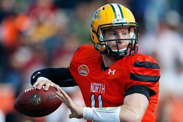 Jan 30, 2016; Mobile, AL, USA; North squad quarterback Carson Wentz of North Dakota State (11) looks to throw a pass during first half of the Senior Bowl at Ladd-Peebles Stadium. Mandatory Credit: Butch Dill-USA TODAY Sports