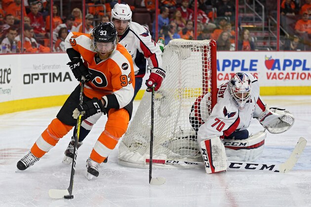 PHILADELPHIA, PA - APRIL 20: Jakub Voracek #93 of the Philadelphia Flyers skates past Matt Niskanen #2 of the Washington Capitals during the second period in Game Four of the Eastern Conference Quarterfinals during the 2015 NHL Stanley Cup Playoffs at Wells Fargo Center on April 20, 2016 in Philadelphia, Pennsylvania. (Photo by Patrick Smith/Getty Images)