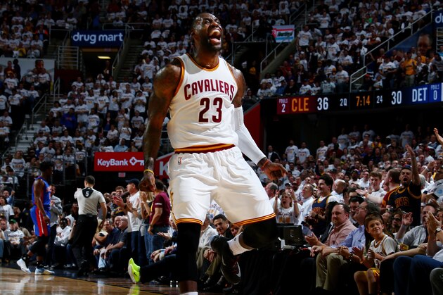 CLEVELAND, OH - APRIL 20:  LeBron James #23 of the Cleveland Cavaliers celebrates a dunk against the Detroit Pistons in Game Two of the Eastern Conference Quarterfinals during the 2016 NBA Playoffs on April 20, 2016 at Quicken Loans Arena in Cleveland, Ohio. NOTE TO USER: User expressly acknowledges and agrees that, by downloading and/or using this Photograph, user is consenting to the terms and conditions of the Getty Images License Agreement. Mandatory Copyright Notice: Copyright 2016 NBAE  (Photo by Nathaniel S. Butler/NBAE via Getty Images)