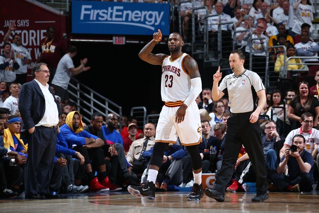 CLEVELAND, OH - APRIL 20:  LeBron James #23 of the Cleveland Cavaliers reacts against the Detroit Pistons in Game Two of the Eastern Conference Quarterfinals during the 2016 NBA Playoffs on April 20, 2016 at Quicken Loans Arena in Cleveland, Ohio. NOTE TO USER: User expressly acknowledges and agrees that, by downloading and/or using this Photograph, user is consenting to the terms and conditions of the Getty Images License Agreement. Mandatory Copyright Notice: Copyright 2016 NBAE  (Photo by Nathaniel S. Butler/NBAE via Getty Images)