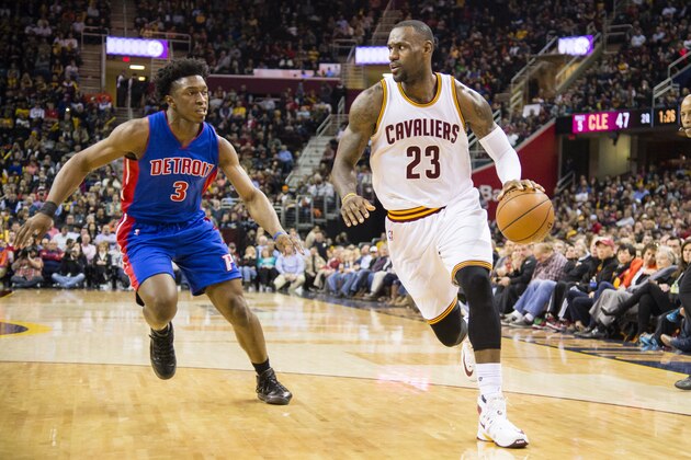 CLEVELAND, OH - FEBRUARY 22: Stanley Johnson #3 of the Detroit Pistons puts pressure on LeBron James #23 of the Cleveland Cavaliers during the first half at Quicken Loans Arena on February 22, 2016 in Cleveland, Ohio. NOTE TO USER: User expressly acknowledges and agrees that, by downloading and/or using this photograph, user is consenting to the terms and conditions of the Getty Images License Agreement. Mandatory copyright notice. (Photo by Jason Miller/Getty Images) CLEVELAND, OH - FEBRUARY 22: Stanley Johnson #3 of the Detroit Pistons puts pressure on LeBron James #23 of the Cleveland Cavaliers during the first half at Quicken Loans Arena on February 22, 2016 in Cleveland, Ohio. NOTE TO USER: User expressly acknowledges and agrees that, by downloading and/or using this photograph, user is consenting to the terms and conditions of the Getty Images License Agreement. Mandatory copyright notice. (Photo by Jason Miller/Getty Images)