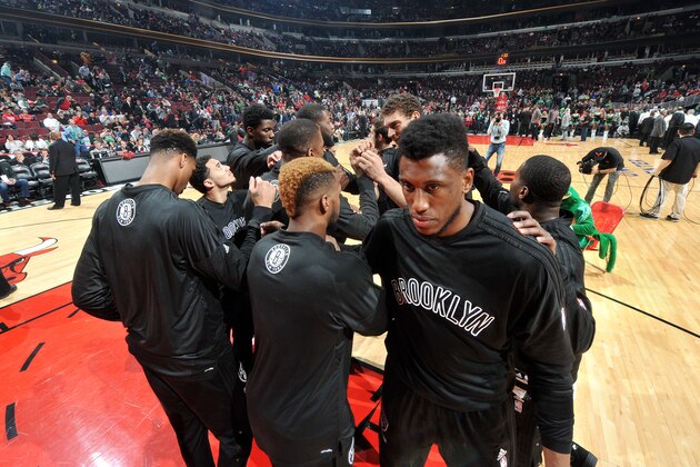 CHICAGO, IL - MARCH 17: The Brooklyn Nets huddle up before the game against the Chicago Bulls on March 17, 2016 at the United Center in Chicago, Illinois. NOTE TO USER: User expressly acknowledges and agrees that, by downloading and/or using this photograph, user is consenting to the terms and conditions of the Getty Images License Agreement.  Mandatory Copyright Notice: Copyright 2016 NBAE (Photo by Randy Belice/NBAE via Getty Images)