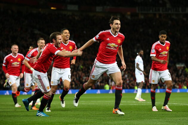 MANCHESTER, ENGLAND - APRIL 20:  Matteo Darmian of Manchester United celebrates with team mates after scoring his sides second goal during the Barclays Premier League match between Manchester United and Crystal Palace at Old Trafford on April 20, 2016 in Manchester, England.  (Photo by Alex Livesey/Getty Images)