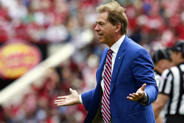 Apr 16, 2016; Tuscaloosa, AL, USA; Alabama Crimson Tide head coach Nick Saban gestures toward Julio Jones (not shown) during the annual A-day game at Bryant-Denny Stadium. Mandatory Credit: Marvin Gentry-USA TODAY Sports