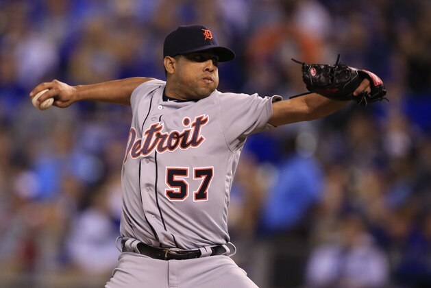 Detroit Tigers relief pitcher Francisco Rodriguez during a baseball game against the Kansas City Royals at Kauffman Stadium in Kansas City, Mo., Wednesday, April 20, 2016. (AP Photo/Orlin Wagner)